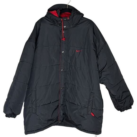 Vintage 90s Nike Men’s XL Puffer Oversized Parka Jacket Black Red - Picture 1 of 7